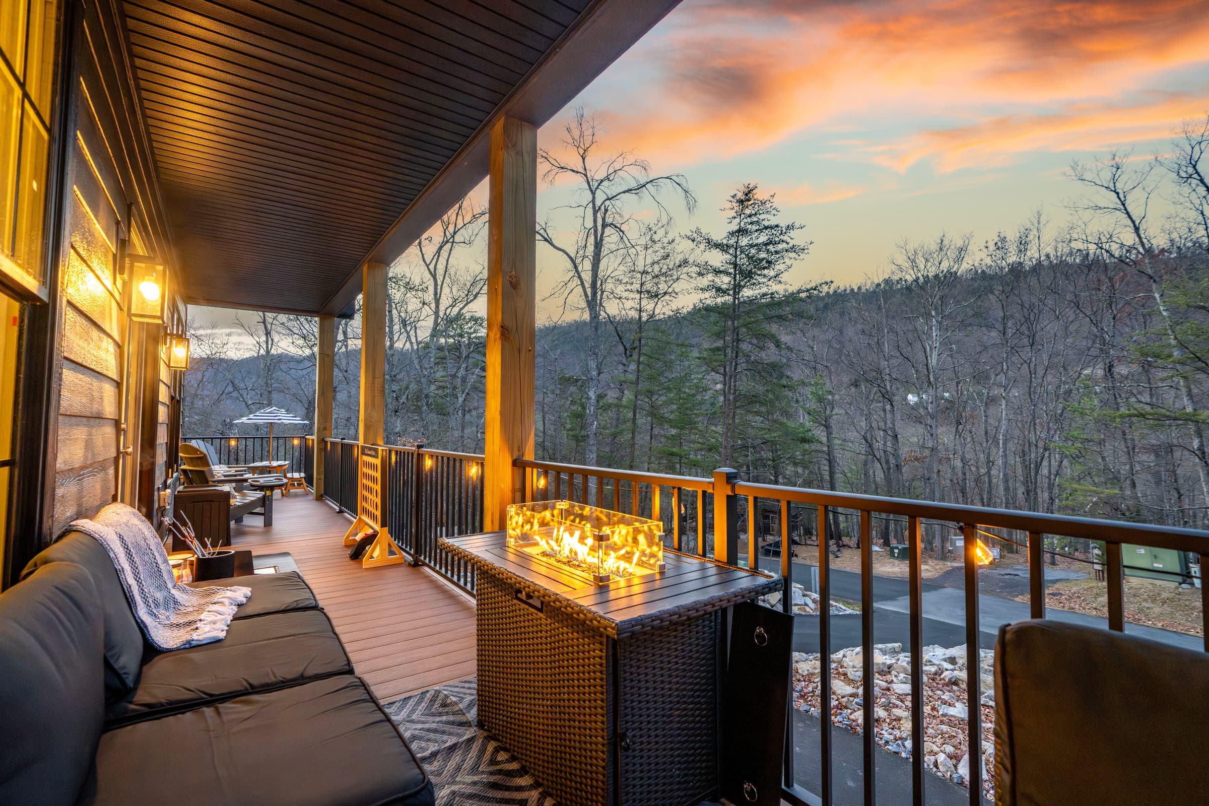 Deck with fire table and mountain views